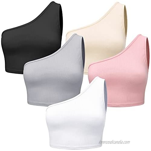 5 Pieces One Shoulder Sleeveless Ribbed Crop Tops for Women Stretchy One Shoulder Strappy Tees