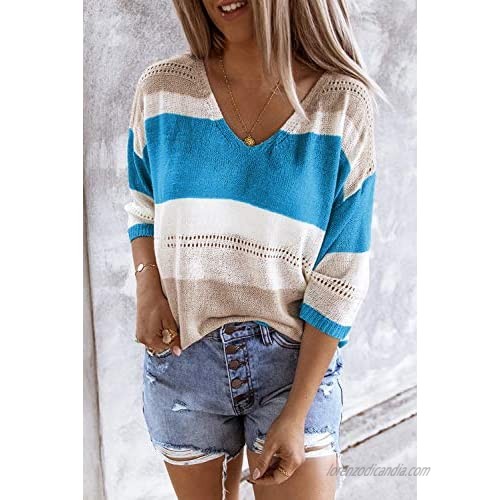 Ancapelion Women’s Casual V-Neck Shirts Tops Striped Knit T-Shirt Tunic Short Sleeve Loose Sweater Tee Blouse for Women