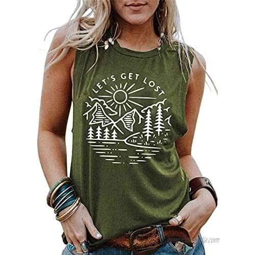 BOMYTAO Mountain Tank Tops for Women Let's Get Lost Graphic Tank Tops Tees Sleeveless Summer Camping Shirt