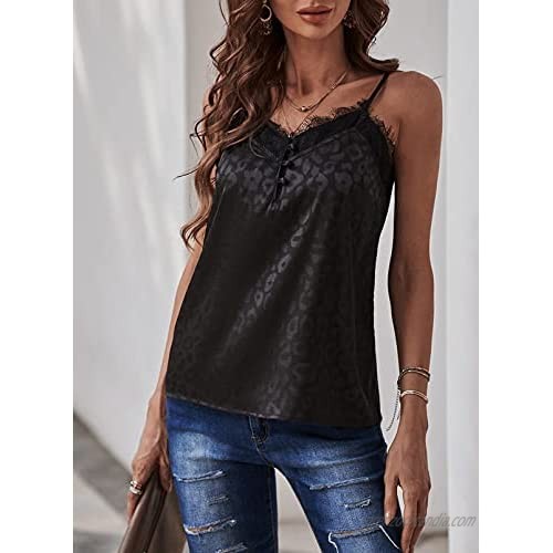 Happy Sailed Women Leopard Print V Neck Lace Strappy Cami Tank Top Casual Loose Sleeveless Blouse Shirts(S-XXL)