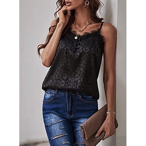 Happy Sailed Women Leopard Print V Neck Lace Strappy Cami Tank Top Casual Loose Sleeveless Blouse Shirts(S-XXL)