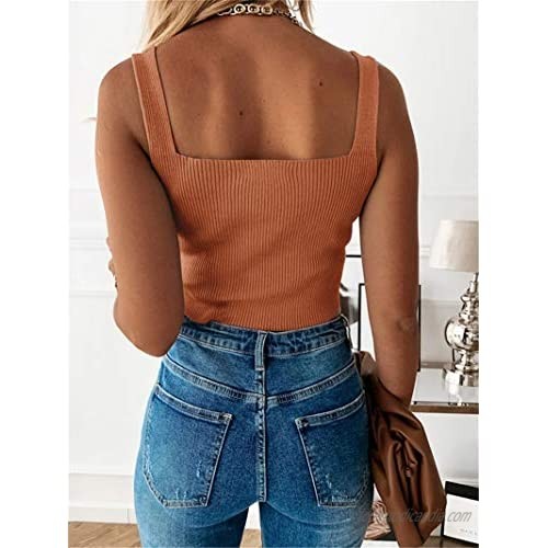 Ofenbuy Womens Ridded Crop Top Sleeveless Tank Tops Square Neck Summer Casual Sexy Solid Basic Camisole