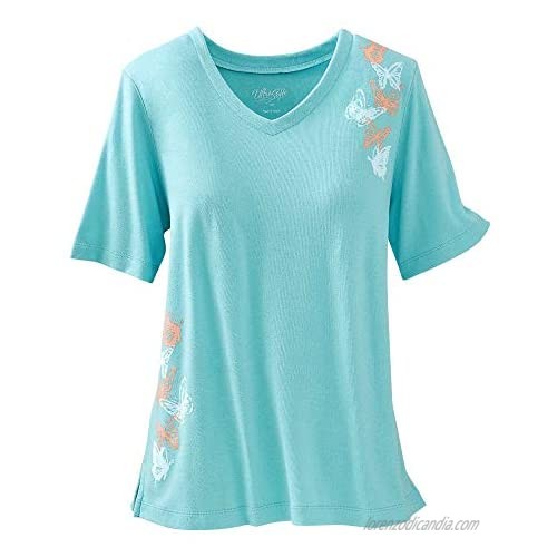 UltraSofts Butterfly Print Top - Feminine Look with V-Neckline  Short Sleeves  Comfortable Knit Shirt