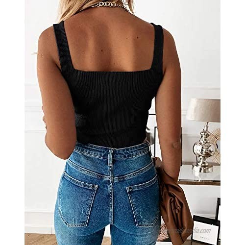 Wenrine Womens Ribbed Knit Crop Tank Tops Sleeveless Stretchy Slim fit Workout Solid Basic Camisole Vest