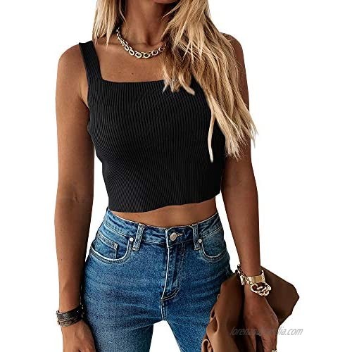 Wenrine Womens Ribbed Knit Crop Tank Tops Sleeveless Stretchy Slim fit Workout Solid Basic Camisole Vest
