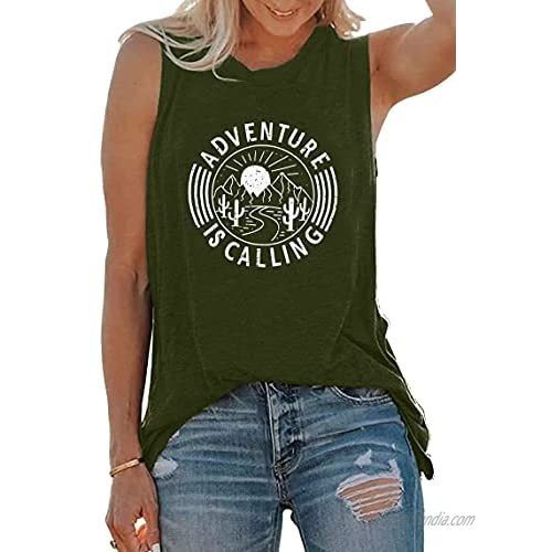 Women Graphic Tees Summer Tank Tops Adventure is Calling Letters Print T Shirt Funny Saying Sleeveless Casual Vest Tee