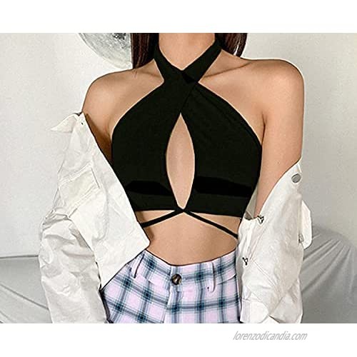 Womens Y2K Sexy Bandage Halter Crop Tank Top Solid Sleeveless Backless Club Party Criss Cross Streetwear