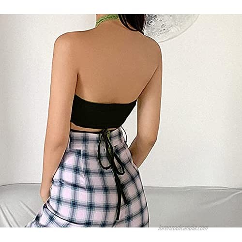 Womens Y2K Sexy Bandage Halter Crop Tank Top Solid Sleeveless Backless Club Party Criss Cross Streetwear