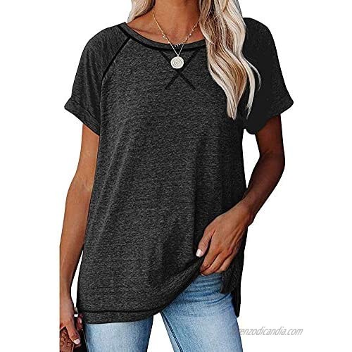 Bramasso Womens T Shirts Short Sleeve Striped Color Block Leopard Casual Tops