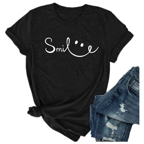 Fancyqube Women Smile Graphic T-Shirt Cute Grin Graphic Tees Funny Inspirational Casual Tees Happy Face Tops