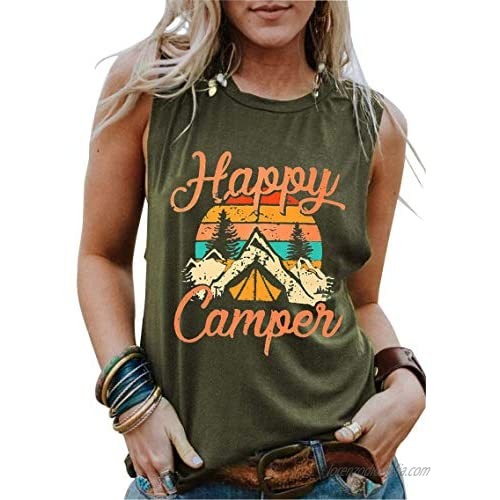 Happy Camper Shirt for Women Camping Tee Shirts Funny Cute Graphic Tee Short Sleeve Letter Print Casual Tee Tops