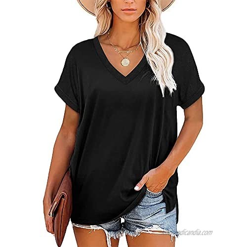 Juliet Holy Womens V Neck Short Sleeve Tops Summer Loose Fit Side Slit Solid Flowy T Shirts Basic Tees