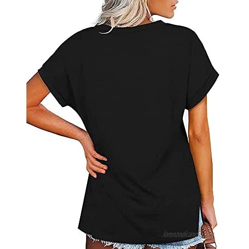Juliet Holy Womens V Neck Short Sleeve Tops Summer Loose Fit Side Slit Solid Flowy T Shirts Basic Tees
