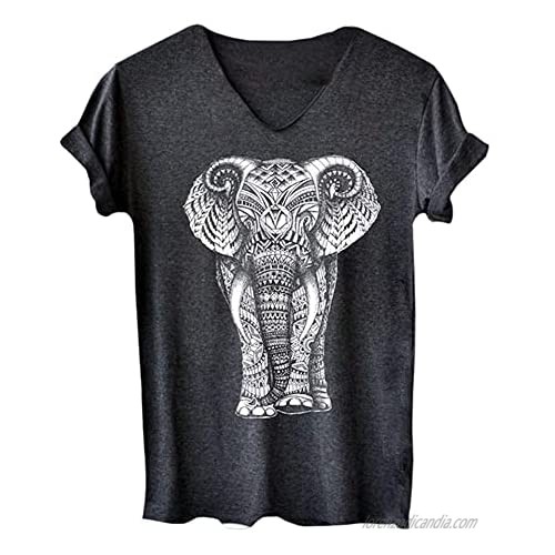 MaQiYa Womens Boho Vintage Elephant Print Graphic Tees Summer Cute Short Sleeve V Neck Cotton Tops Tshirts