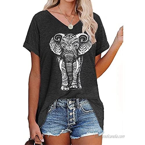 MaQiYa Womens Boho Vintage Elephant Print Graphic Tees Summer Cute Short Sleeve V Neck Cotton Tops Tshirts