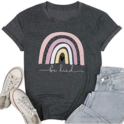 MOUSYA Be Kind T-Shirts Women Rainbow Graphic Colorful Tees Inspirational Shirts Casual Short Sleeve Round Neck Tops