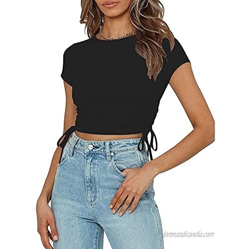 oten Women's Ruched Drawstring Crop Top Slim Fitted Ribbed Knit Short Sleeve Shirt