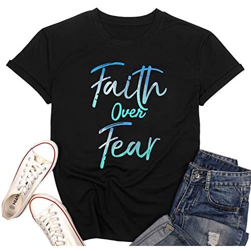 Plus Size Faith Over Fear Shirt Women Funny Inspirational Christian Shirts Casual Graphic T Shirt Letter Print Tee Top