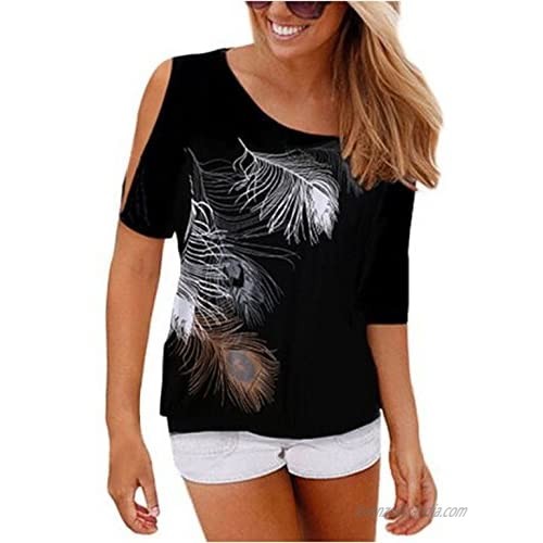 Relipop Women's Fashion Feather Print Off Shoulder Tops Short Sleeve Blouse Casual T-Shirt