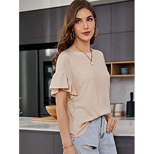 Romwe Women's Waffle Knit Shirts Ruffle Short Sleeve Plain T Shirt Tee Tops