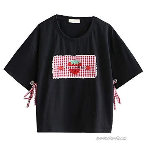 Summer Teen Girls Tee Shirt  Short Sleeve Plaid Strawberry Pattern Crew Neck Casual Cute Tops