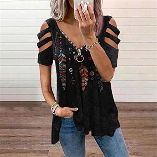 Summer Women Cold Shoulder Tshirt Tops Casual Sexy Loose Fit V Neck Blouses Fashion Short Sleeve Zipper Tunic Tees