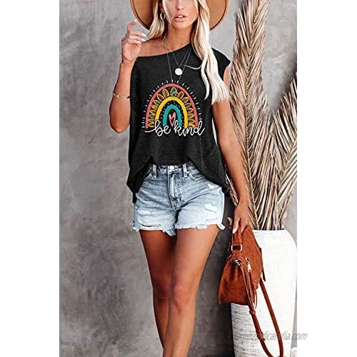 Sunflower Shirts for Women Tunic Tops Short Sleeve Batwing Rainbow Be Kind Loose T Shirts