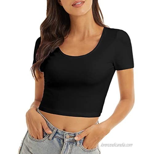 VIIOO Women's Casual Short Sleeve Crop Top Basic Solid Slim Crop Tee Shirts