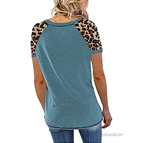voglily Women's Leopard Stitched Crew Neck Short Sleeve T-Shirt Rolled Sleeve Tunic Tops