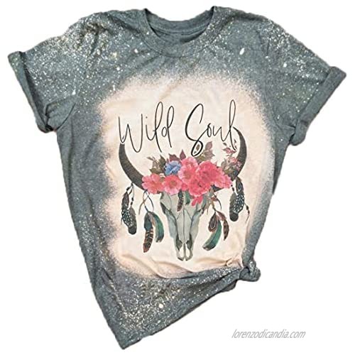 Wild Soul Bleached Shirt Women Vintage Western T-Shirt Boho Cow Skull Rodeo Shirt Casual Short Sleeve Graphic Tee Tops