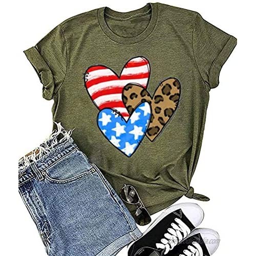 Women Independence Day Love Heart-Shaped America Flag Print Shirts Short Sleeve 4 of July T Shirt Patriotic Tops Graphic Tee