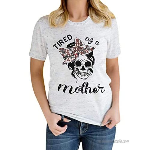 Women Mom Shirt Funny Skull Leopard Graphic Tee Tired As A Mother Shirt Cute Printed Short Sleeve Sayings Tshirts Top