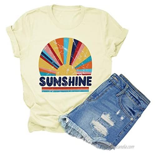 Women Rainbow Graphic T Shirt Sunshine Letter Printed Shirt Inspiration Cute Short Sleeve Tee Tops