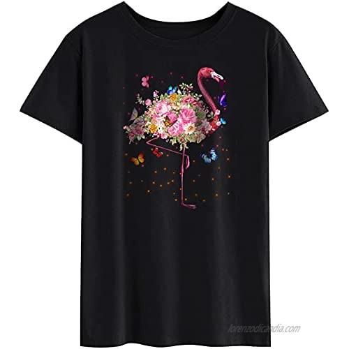 Women's Fashion T-Shirts - Pink Flamingo Watercolor T Shirt Hawaiian Flowers Floral Gift Shirt Short Sleeve
