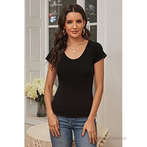 Women's Scoop Neck Slim Fitted Short Sleeve T Shirt Stretchy Plain Basic Tee Tops