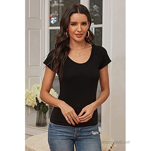 Women's Scoop Neck Slim Fitted Short Sleeve T Shirt Stretchy Plain Basic Tee Tops