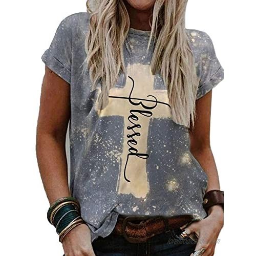 Womens Vintage Distressed Tie-dye Blessed Letter Printed T-Shirts Faith Jesus Cross Shirts for Women Crewneck Casual Tee