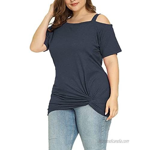 Zaoqee Womens Plus Size Cold Shoulder Tops Short Sleeve Summer Casual Tunics Tops Twist Knot Blouse T-Shirts