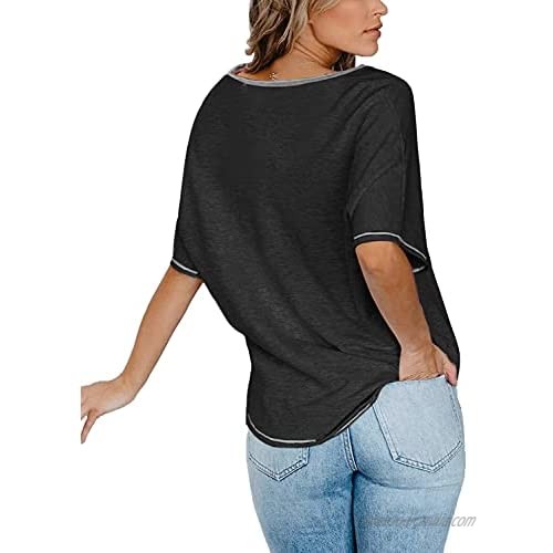 Aoysky Womens Casual T Shirt Summer Loose Short Sleeve V Neck Solid Tops Blouse