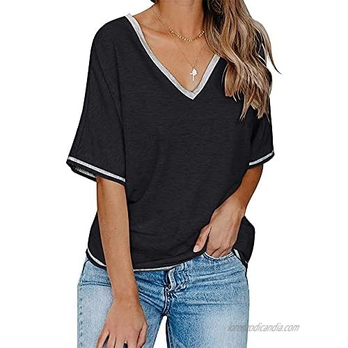 Aoysky Womens Casual T Shirt Summer Loose Short Sleeve V Neck Solid Tops Blouse
