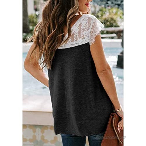 Aoysky Womens Cotton Lace Trim Shirt Loose Short Sleeve V Neck Irregular Tunic Tops
