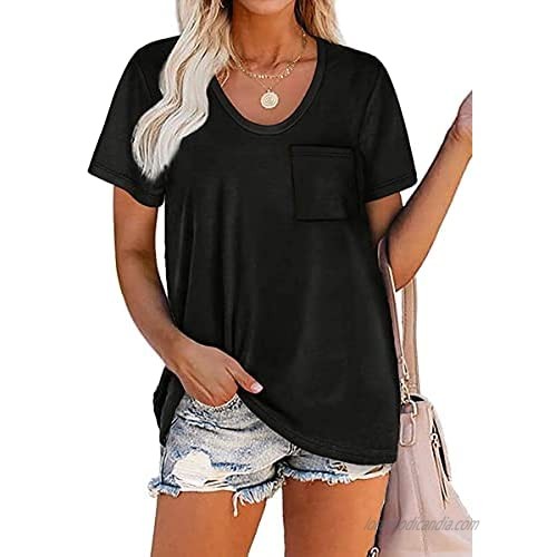 Dasivrry Women's Casual Short Sleeve T-Shirts Solid Striped Pocket Tunic Tops Loose Round U Neck Tees(S-XXL)