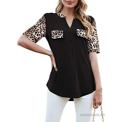 HOCOSIT Women's V-Neck Casual Leopard Tops Print Color Block Short Sleeve T-Shirts Tunic