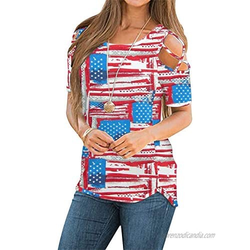 Kaitobe 4th of July Shirts for Women T Shirt Patriotic American Flag Print Short Sleeve Tunic Strappy Cold Shoulder Tops
