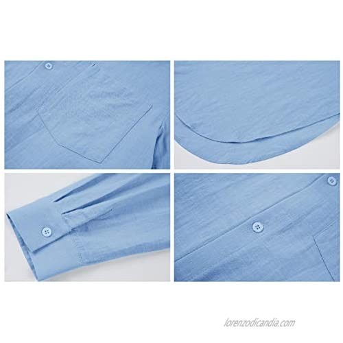 Karlywindow Womens Button Down Tunic Shirts Cotton Linen Long Sleeve Work Blouse Loose Casual Beach Cover Up Shirt Blue