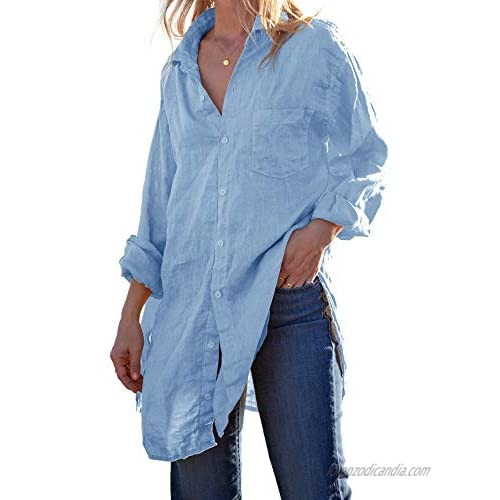 Karlywindow Womens Button Down Tunic Shirts Cotton Linen Long Sleeve Work Blouse Loose Casual Beach Cover Up Shirt Blue