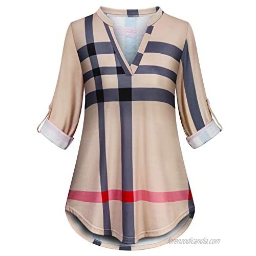 Koscacy Women Autumn 3/4 Roll Sleeve V neck Tunic Shirts Plaid Block Flowy Tops