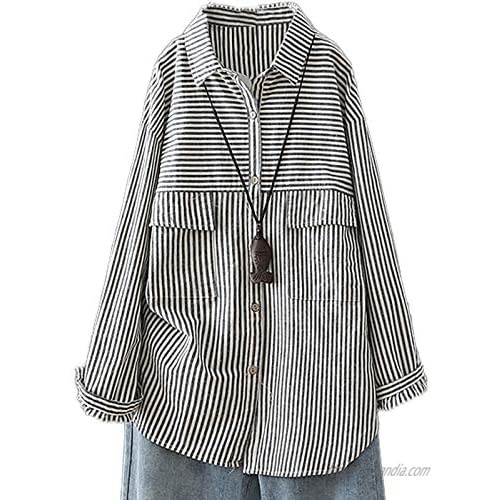 LaovanIn Women's Oversized Linen Shirts Striped Button Down Tunic Shirt Casual Blouses Tops with Pockets