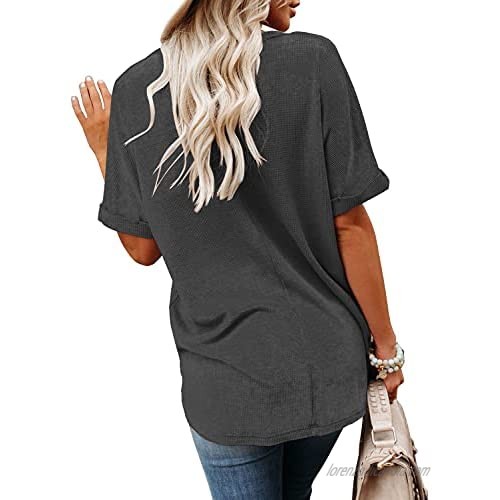 luvamia Women Casual Short Sleeve Waffle Knit Shirts V Neck Loose Summer Tunic Top