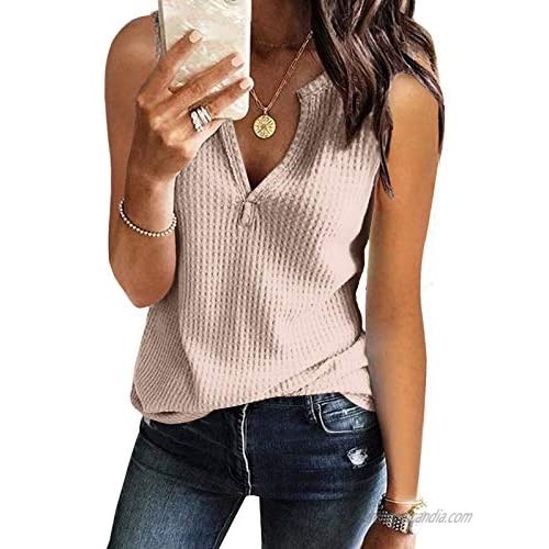 MIROL Womens Sleeveless Tank Tops V Neck Shirts Waffle Knit Solid Color Tunic Tops Casual Summer Basic Blouse